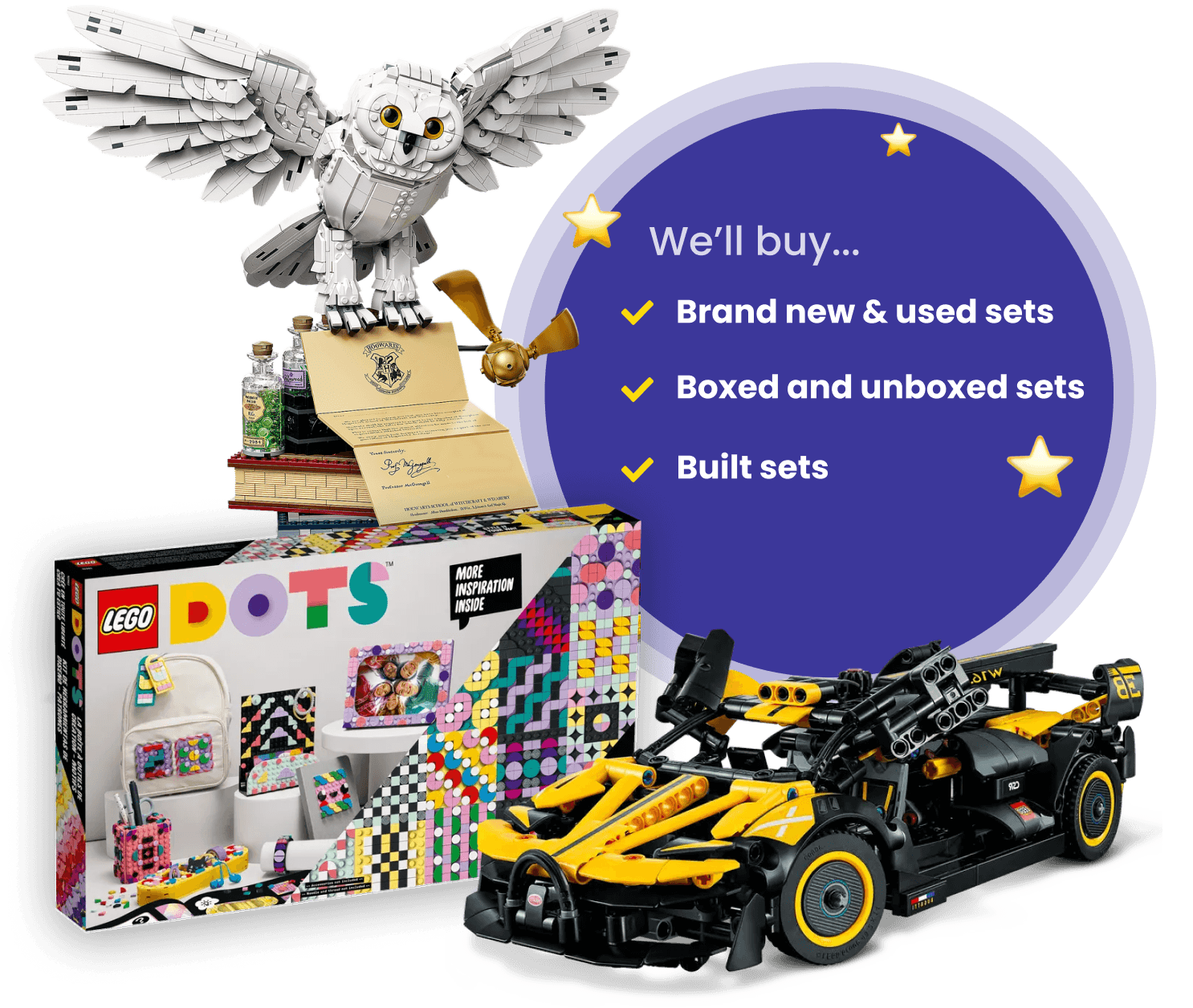 A LEGO® owl, a boxed LEGO® set, a LEGO® racing car, and the text 'We'll buy brand new & used sets, boxed and unboxed sets, and built sets'