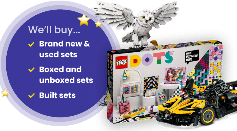 A LEGO® owl, a boxed LEGO® set, a LEGO® racing car, and the text 'We'll buy brand new & used sets, boxed and unboxed sets, and built sets'