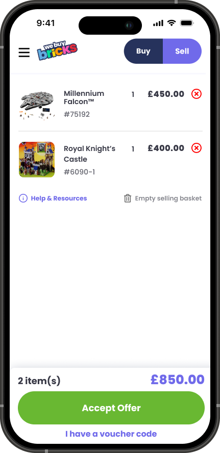 Phone displaying a basket worth £850